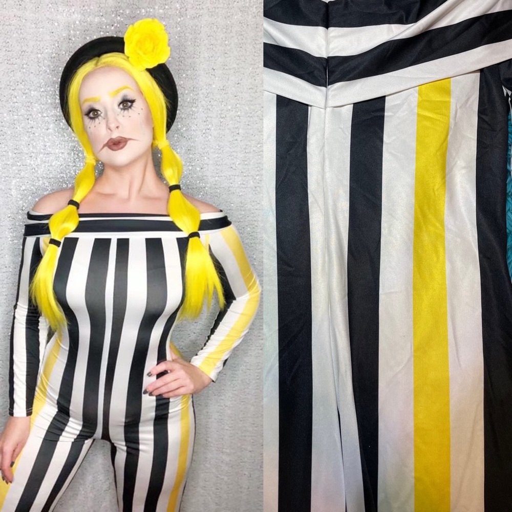 Black, White & Yellow Striped off the shoulder Body Suit 🖤🍋